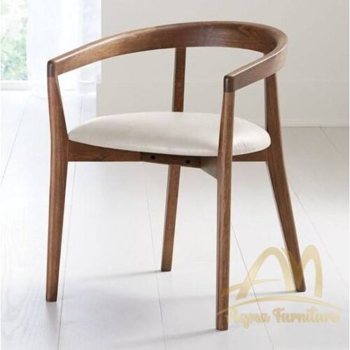 Kitchen Chair Solid Teak Wood with Arm Dark Brown Color and Combination Upholstered Fabric white seat