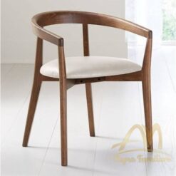Kitchen Chair Solid Teak Wood with Arm Dark Brown Color and Combination Upholstered Fabric white seat