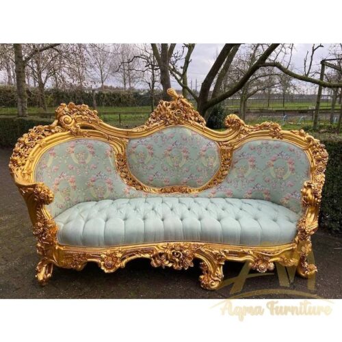 Floral Green Damask and Gold Rococo Settee antique