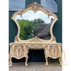 French Louis XVI Style Bedframe Upholstered With Dressing Table set