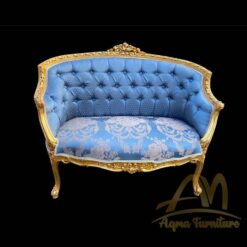 French Louis XVI Single Sofa with Blue Fabric Damask Upholstered seat Mahogany wood - antique Handmade manufacture from Jepara Indonesia Furniture Craftmanship