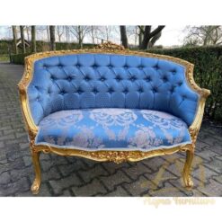 French Louis XVI Single Sofa with Blue Fabric Damask Upholstered seat Mahogany wood - antique Handmade manufacture from Jepara Indonesia Furniture Craftmanship