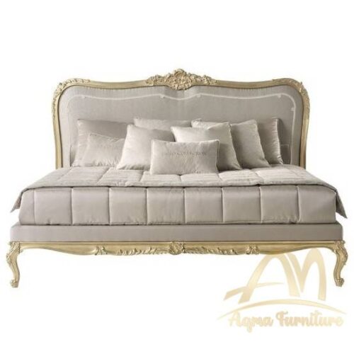 21st Century Etamine Bed In Hand-carved mahogany wood And Fabric - antique Handmade manufacture from Jepara Indonesia Furniture Craftmanship
