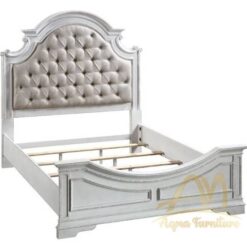 Florian Queen Bed with Padded White Color - antique Handmade manufacture from Jepara Indonesia Furniture Craftmanship