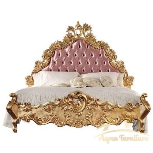 21st Century Baroque Double Bed in Gold Leaf Finish and Upholstery - antique Handmade manufacture from Jepara Indonesia Furniture Craftmanship
