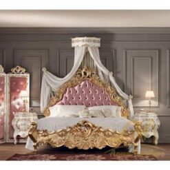 21st Century Baroque Double Bed in Gold Leaf Finish and Upholstery - antique Handmade manufacture from Jepara Indonesia Furniture Craftmanship