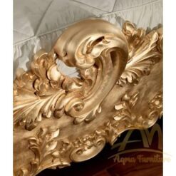 21st Century Baroque Double Bed in Gold Leaf Finish and Upholstery - antique Handmade manufacture from Jepara Indonesia Furniture Craftmanship