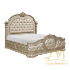Padded Bed with Carved Pearl Painted Color King Size - antique Handmade manufacture from Jepara Indonesia Furniture Craftmanship
