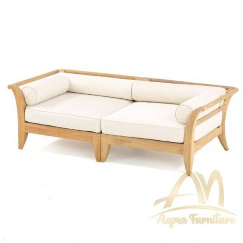 Loveseat Set 2 Pieces Teak Fine Sanded with Cushion Fabric Outdoor - Modern Furniture Handmade solid wood from Indonesia Manufacture