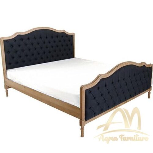 France Bed in Teak Wood Natural with Black Padded Upholstered