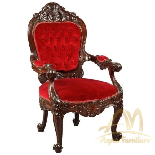 Red Victorian Library Chair with Carved Solid Wood