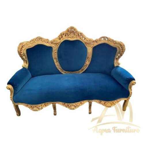 Louis XVI style sofa 2 seaters Gold with Blue velvet fabric Mahogany wood - antique Handmade manufacture from Jepara Indonesia Furniture Craftmanship