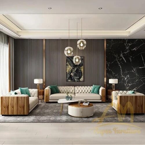 Luxurious and elegant design teak wood living room leather sofa set