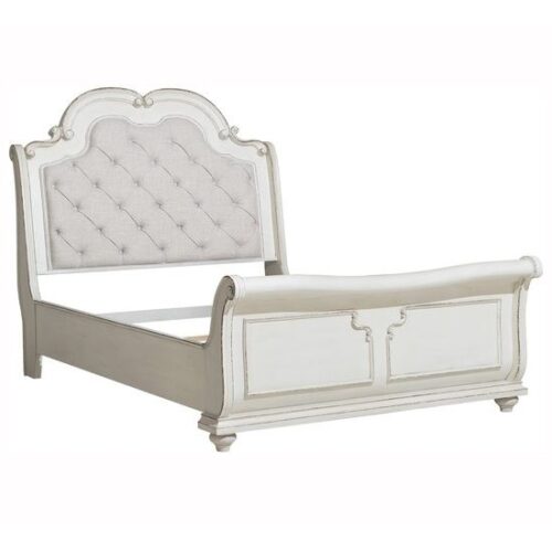 Mahogany Bed Frame in White Color with Grey Fabric Tufted