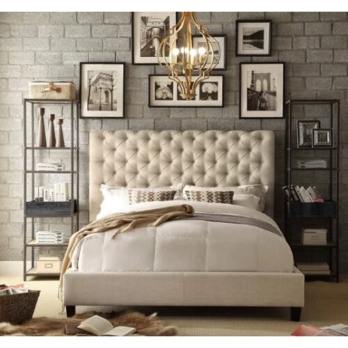 Luxury Bed with Tufted Upholstered Natural Fabric