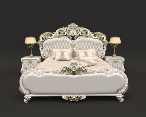 king bed set carved white with upholstered fabric white