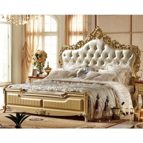 Solid wooden King Bed Gold Frame with Carved Padded Headboard