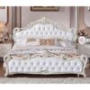 Solid wooden King Bed White Frame with Carved Padded Headboard