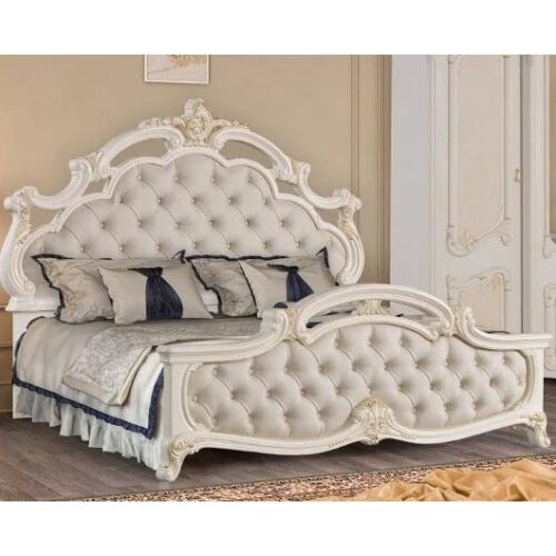 Solid wooden King Bed White Frame with Carved Luxury Classic Style Bedroom Furniture