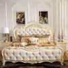 Solid wooden Bed Padded White Leather with Carved Luxury Classic Style Bedroom Furniture