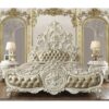 luxury carved bed white distressed color with bedside solid Mahogany wood King size