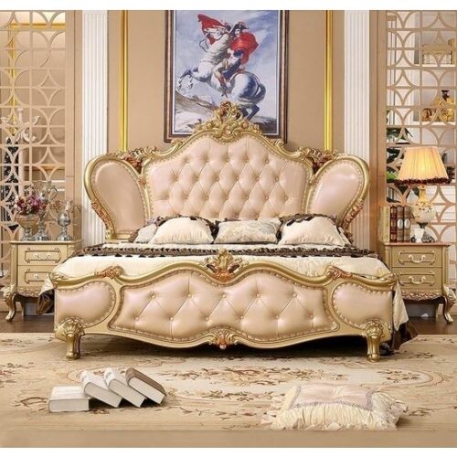 luxury carved bed gold frame with cream leather solid Mahogany wood King size