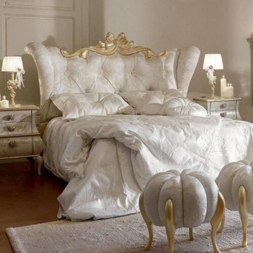 luxury bed classic residential style gold frame and white fabric solid Mahogany wood