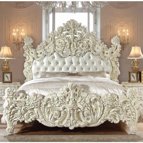 luxury bed set classic victorian white painted solid Mahogany wood King size