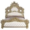luxury bed gold full carved padded headboard leather cream solid Mahogany wood King size luxury bed gold full carved padded headboard leather cream solid Mahogany wood King size