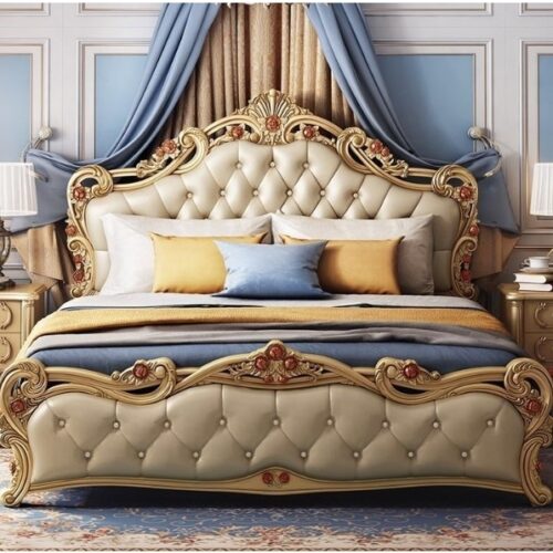 luxury bed classic french cream antique painted solid Mahogany wood King size