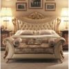 Luxury Gold antique Bed with upholstered Fabric solid Mahogany wood King size with ottoman Bench Classic Luxury Gold antique Bed with upholstered Fabric solid Mahogany wood King size with ottoman Bench Classic