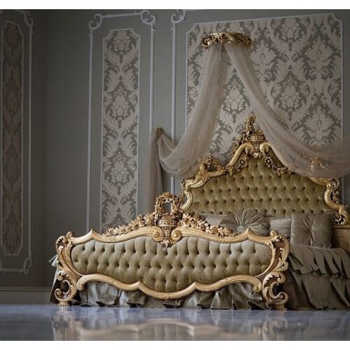 Carved bed luxury gold antique finish solid mahogany wood with olive green velvet fabric