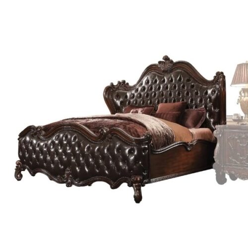 classic carved king bed with leather black padded dark brown color