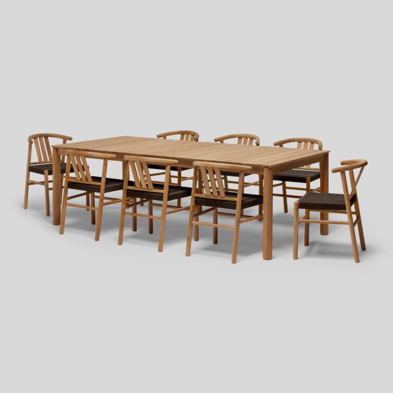natural solid teak dining set 8 seating with rope seater