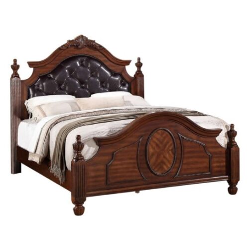 classic wooden bed brown with fabric upholstered headboard