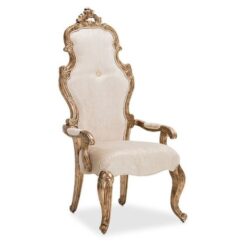carved arm dining chair with white fabric upholstered