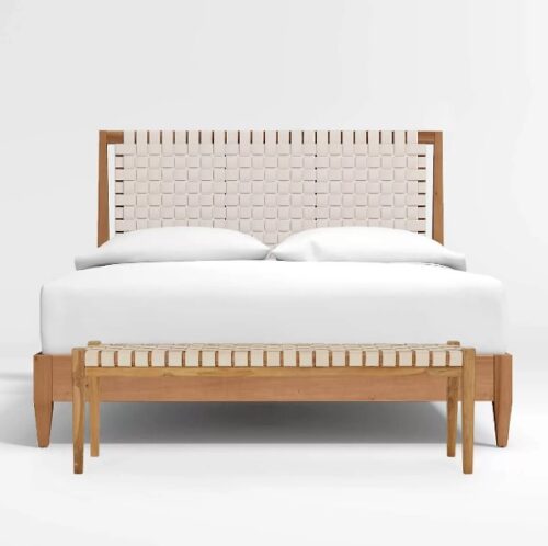 minimalist bed platform synthetic leather woven headboard