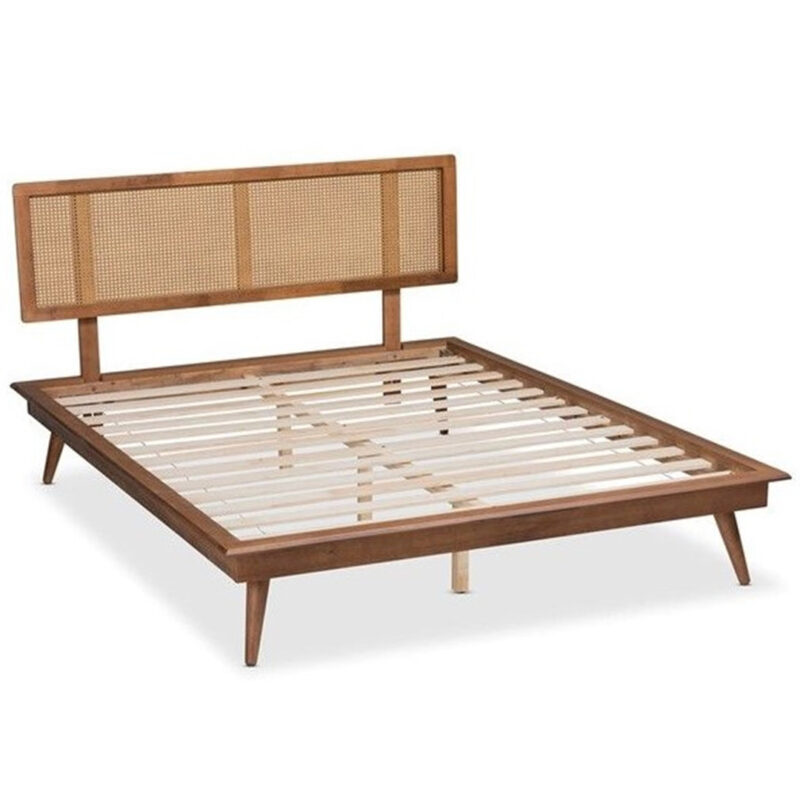Teak Bed with Rattan Headboard