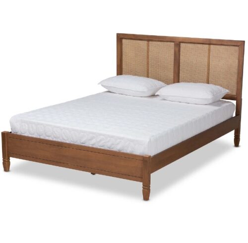 teak wood bed platform with rattan headboard