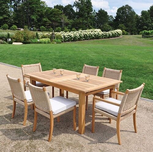 solid teak dining table outdoor with 6 chair rope