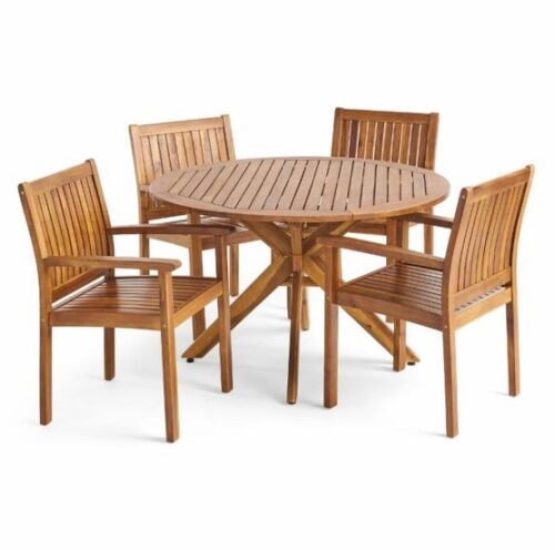 outdoor dining set round table and 4 stackable chair teak wood