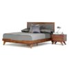 solid teak wood bed platform upholstered grey fabric headboard