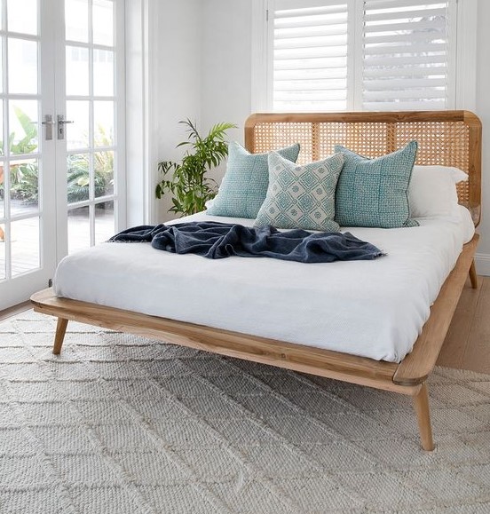 solid teak bed platform natural color with rattan headboard