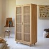 teak wooden wardrobe 2 doors natural color with rattan