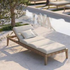 wooden teak sun lounger with white cushion