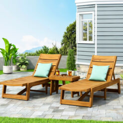 solid teak wood sun lounger set natural color