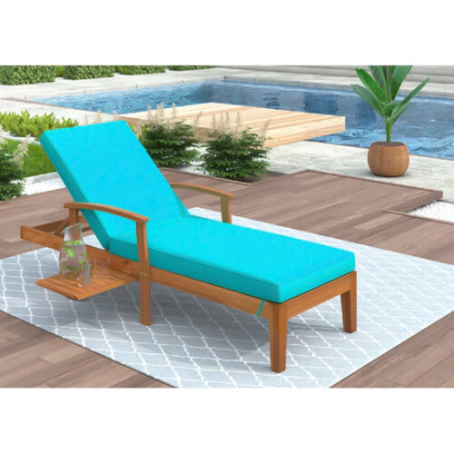 teak wooden sun bed with blue cushion