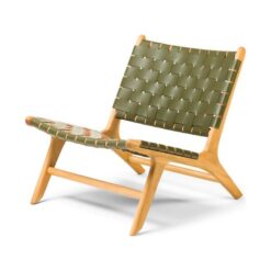 wooden teak arm chair with green woven leather