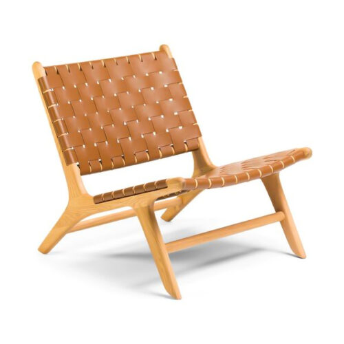 solid teak wood arm chair with woven leather brown color