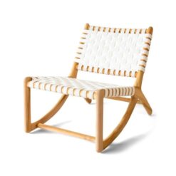 wooden teak arm chair with white leather woven